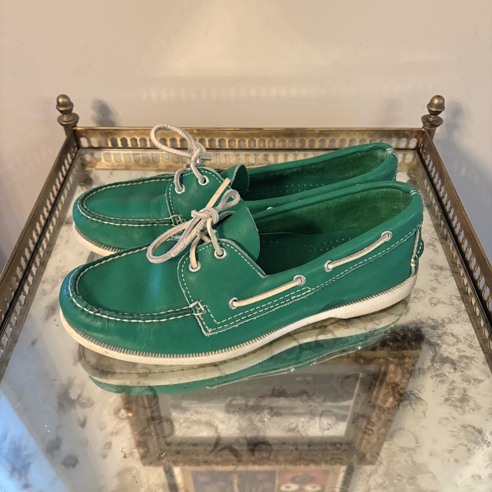 Cole Haan Boat Shoes Mens Size 8.5 Green Leather Moc Toe Deck‎ Casual Lace Up